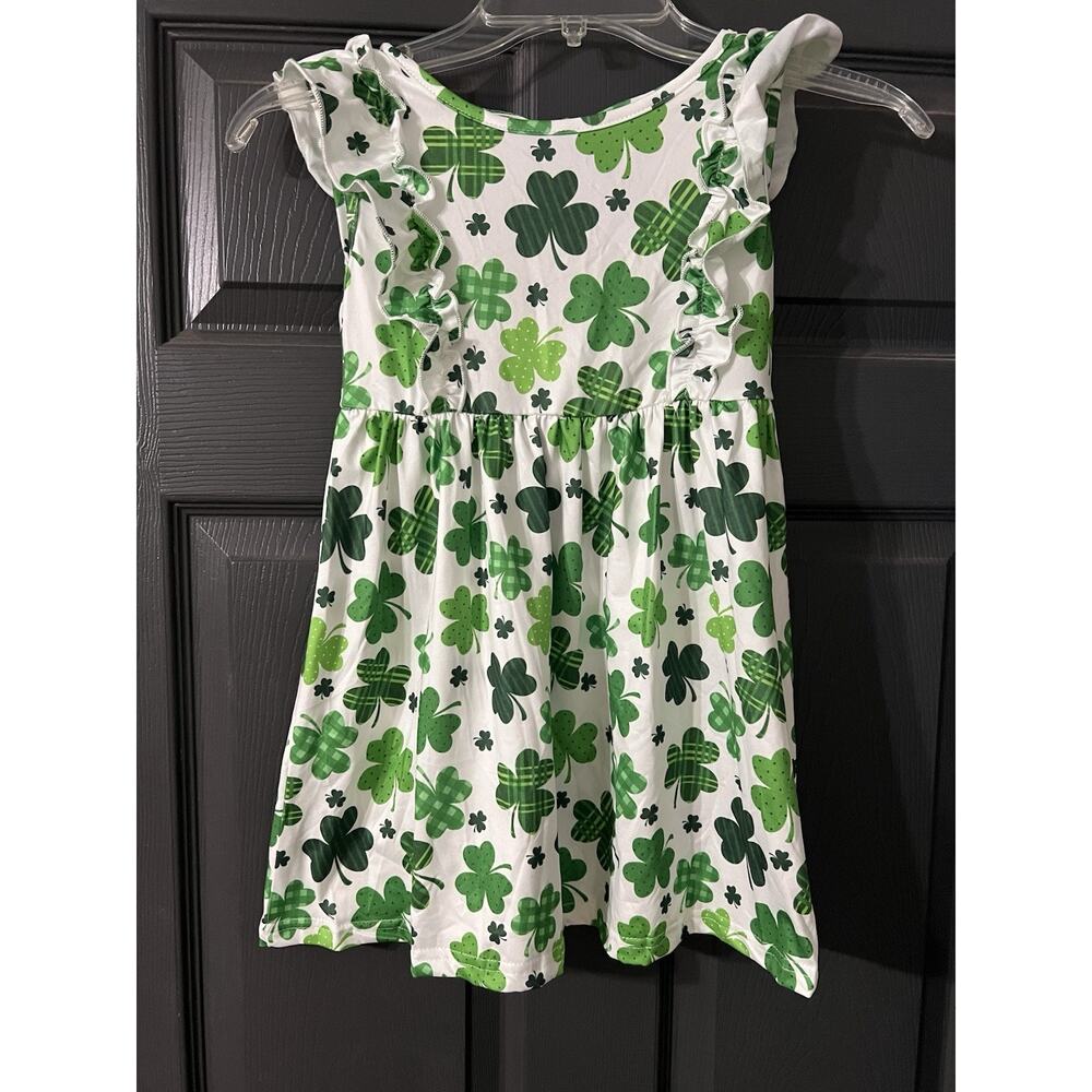 RAISEVERN Girls' 4T-5T Shamrock Print Ruffle Sleeve Knee Length Dress
